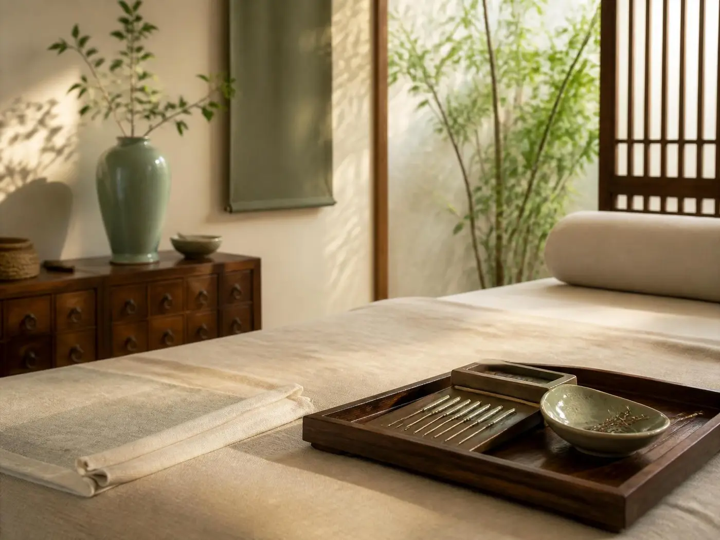 A calm Chinese medicine treatment room with a needle tray and dried herbs